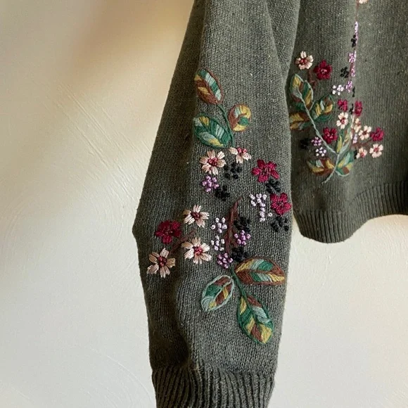 Vintage Tiara Green/Gray Floral Embroidered Cotton/Ramie Cardigan PL - Picture 6 of 14